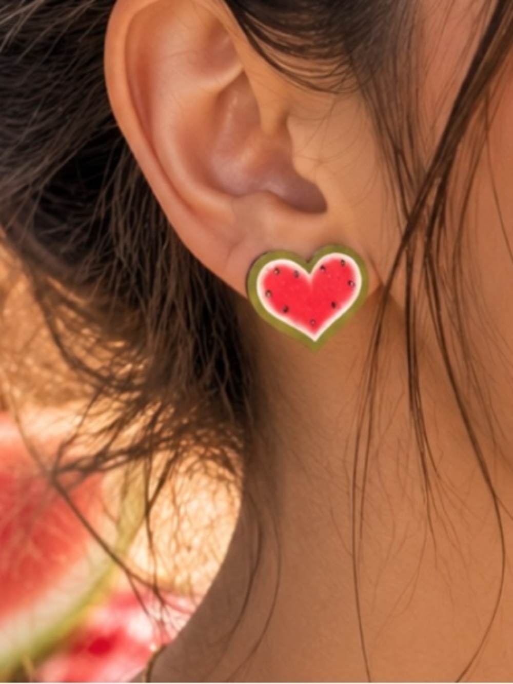 Heart Watermelon Pierced Wood Earrings Stud Back Summer Jewelry Earrings NWOT